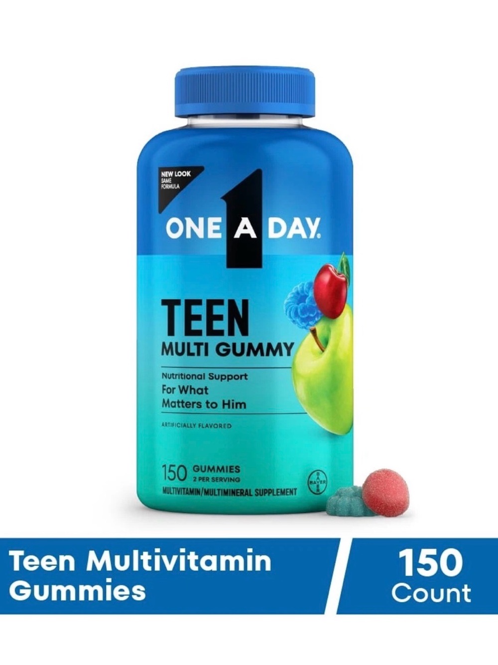 One A Teen Multi Gummy - Blue Bottle with Red & Green Fruit Art!!